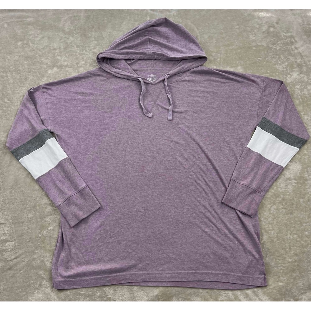 SO Perfect Tee Hoodie Women XL Purple Heathered Colorblock Sleeve Pullover Top
